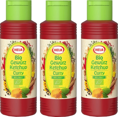 3 x Hela Bio Ketchup Curry delikat Gewürzketchup 300 ml Flasche Ketchupflasche
