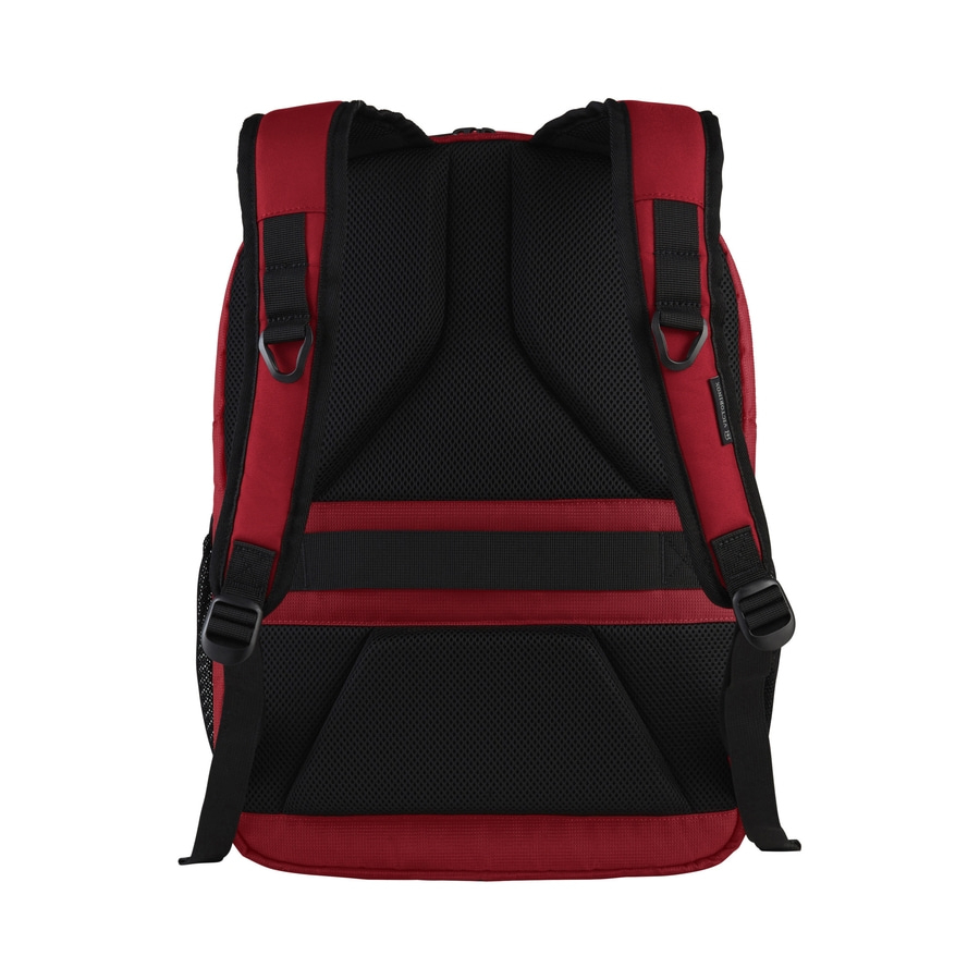Roter Rucksack mit schwarzem Netzstoff und Trägern, isoliert auf weißem Hintergrund