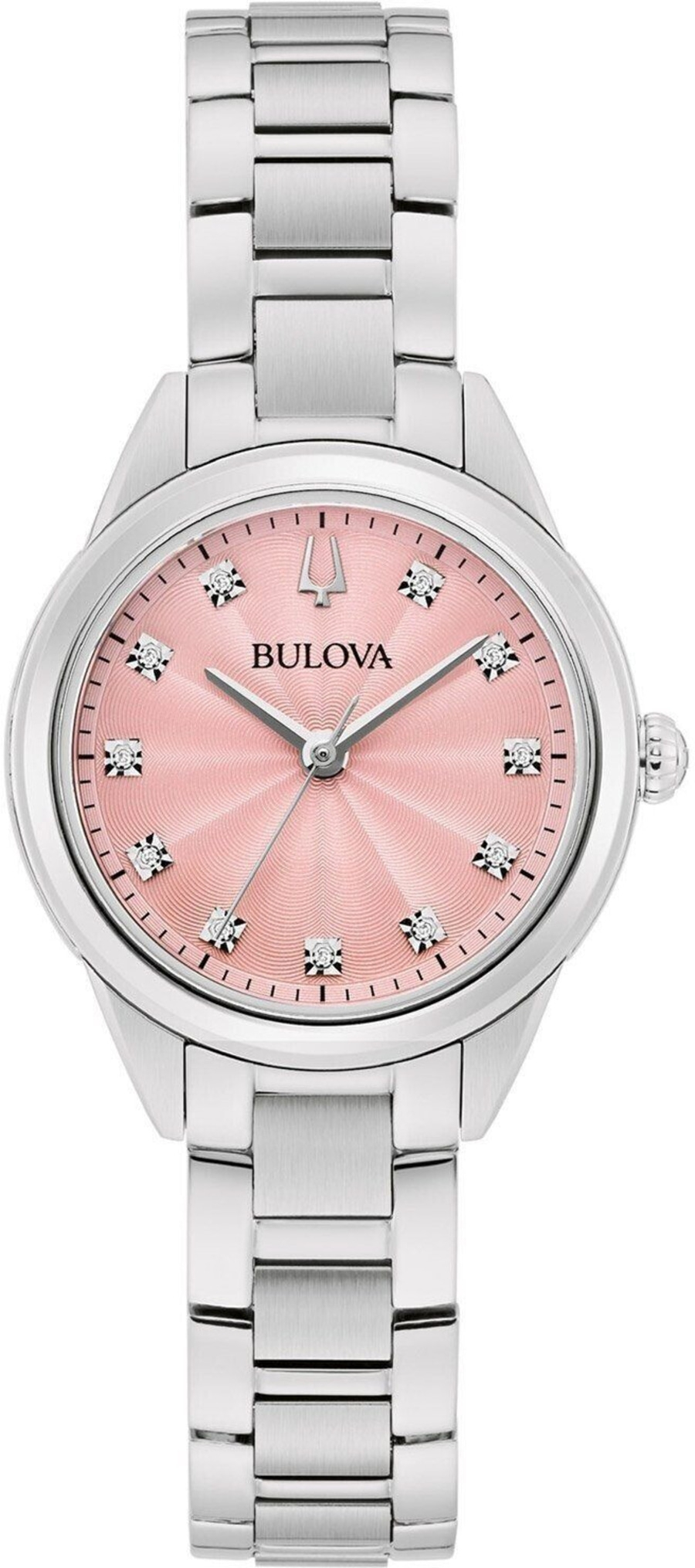 Bulova Damenuhr mit rosafarbenem Zifferblatt und silbernem Armband