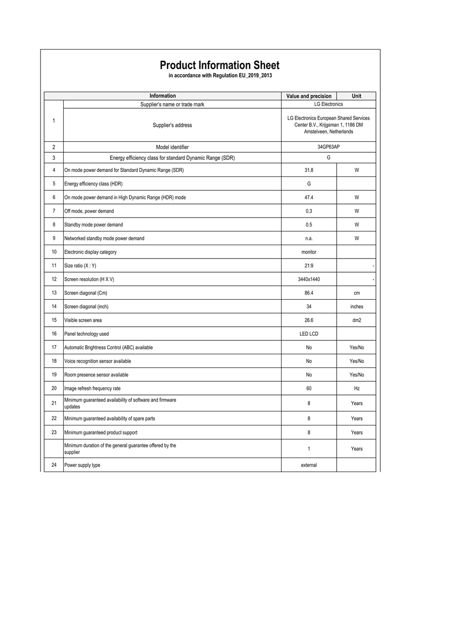 Produktinformationsblatt mit Informationen zu Energieeffizienz, Bildschirmdiagonale und weiteren technischen Daten.