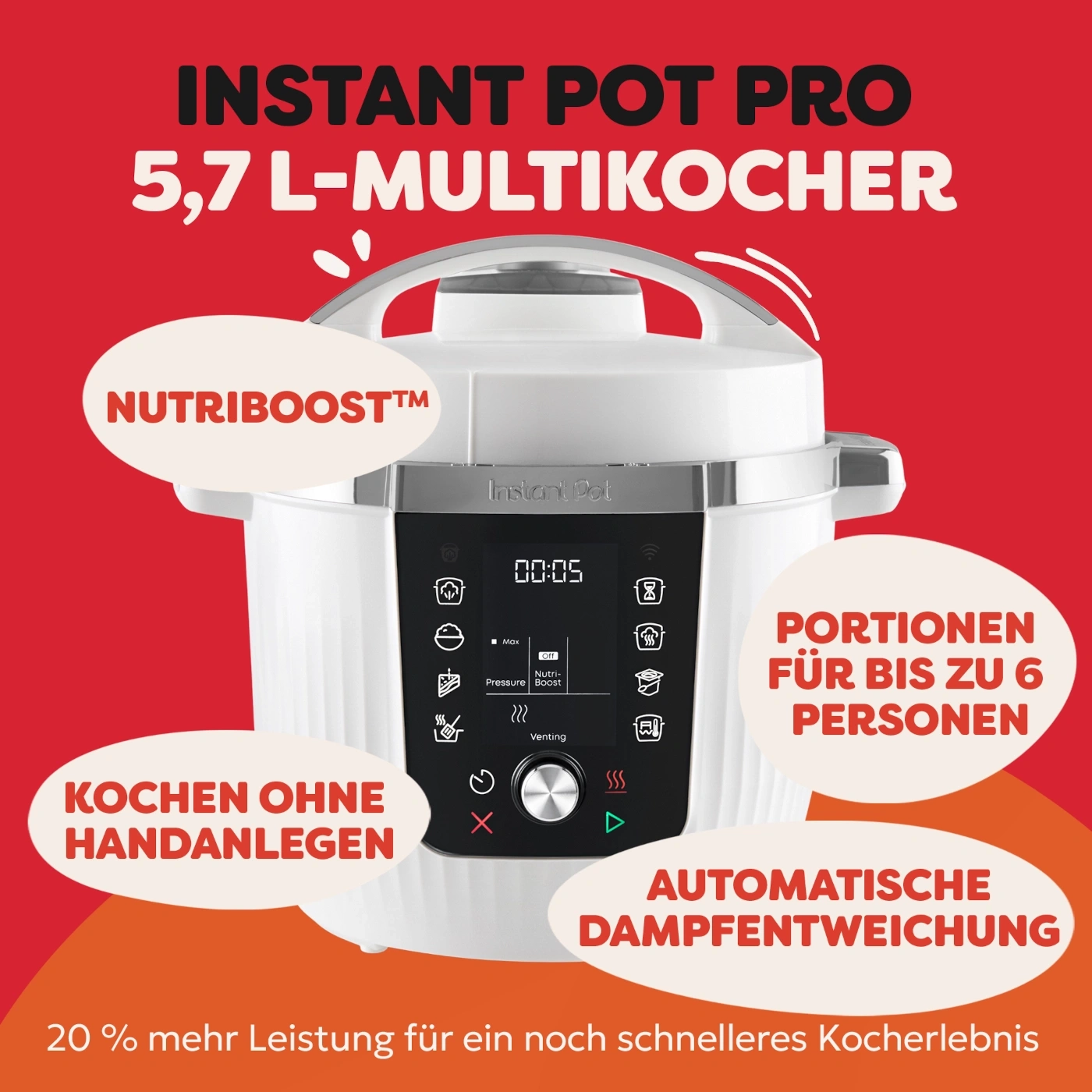 Instant Pot Pro 5,7 L Multikocher mit Nutriboost, Kochen ohne Handanlegen, Portionen für bis zu 6 Personen, automatische Dampfentweichung.