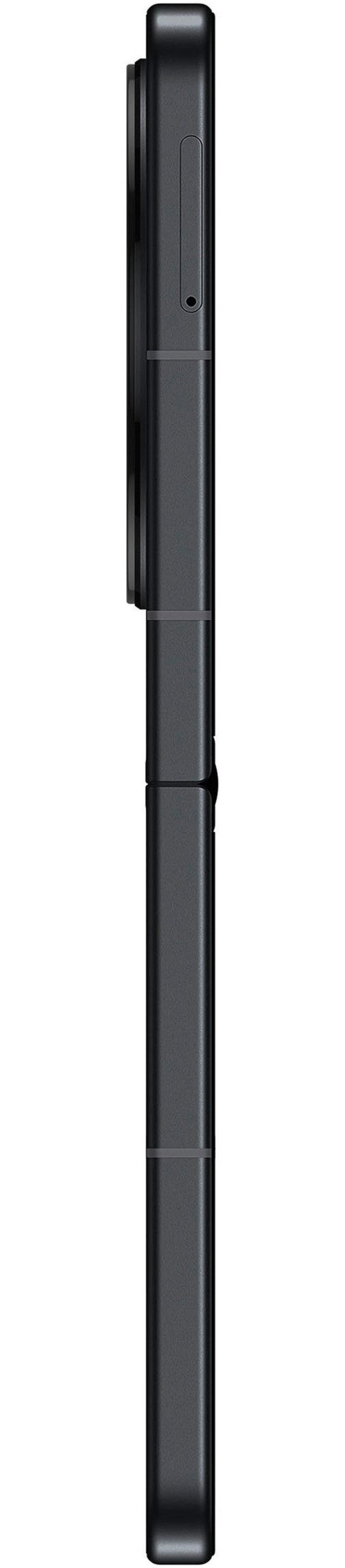 Schwarzes Smartphone im Profil, mit Kamera und Knöpfen, auf weißem Hintergrund.