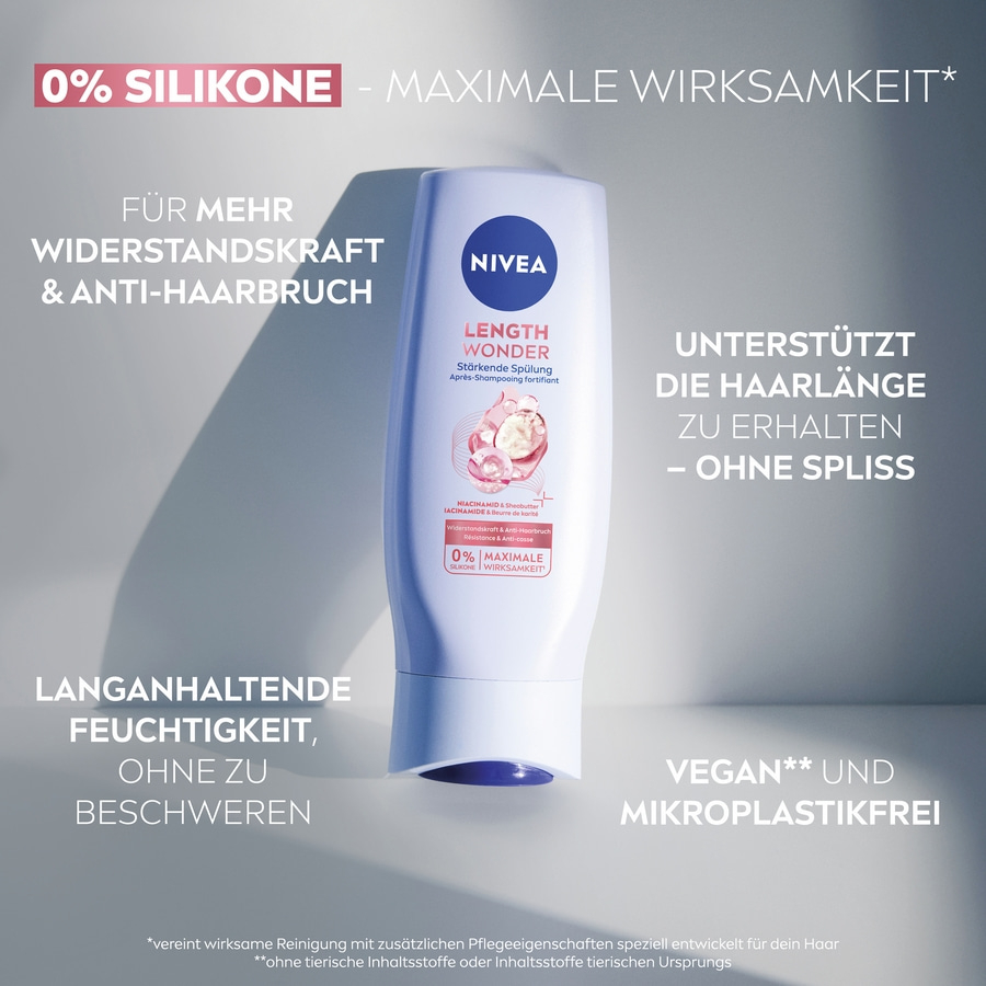 Nivea Length Wonder Spülung mit Niacinamid und Sheabutter für maximalen Schutz ohne Silikone.