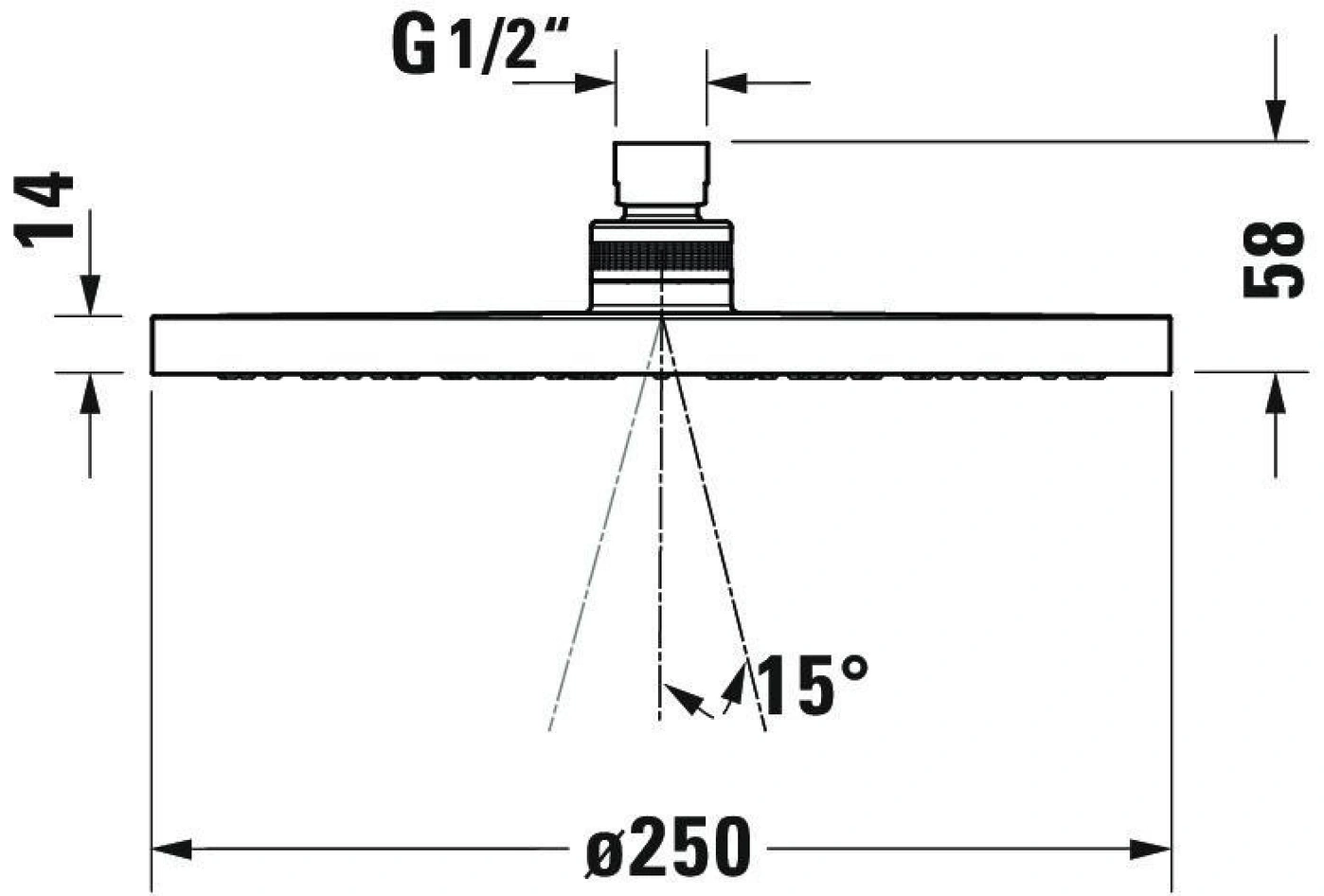 Duschkopf mit Abmessungen: 14mm, 58mm, Ø250mm, G 1/2", 15 Grad Winkel