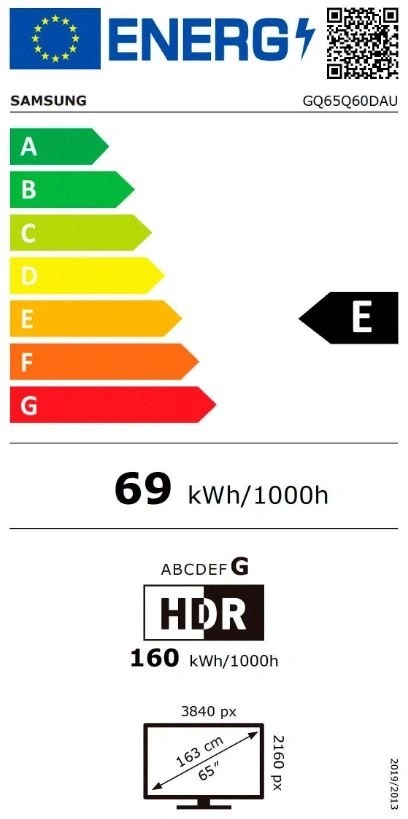 Energieeffizienzlabel E, 69 kWh/1000h, 160 kWh/1000h HDR, 65 Zoll