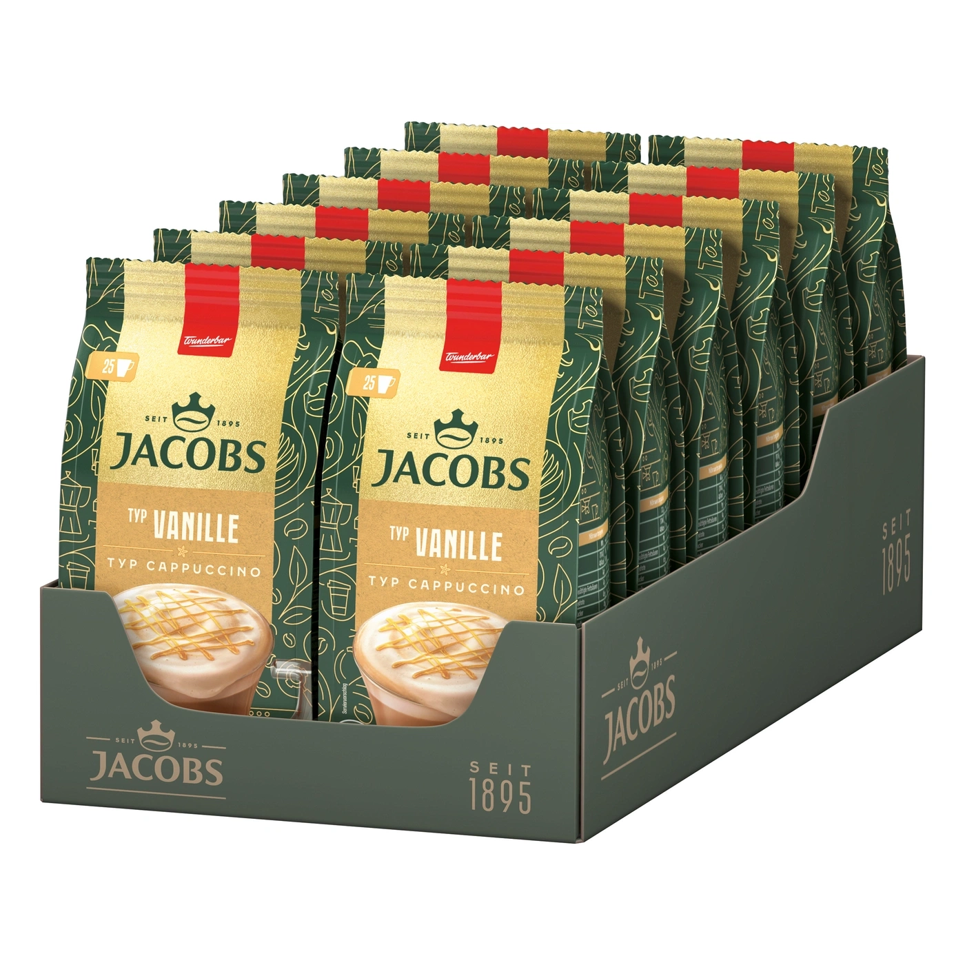 Jacobs Cappuccino Vanille Kaffeepads in einer Verkaufsbox