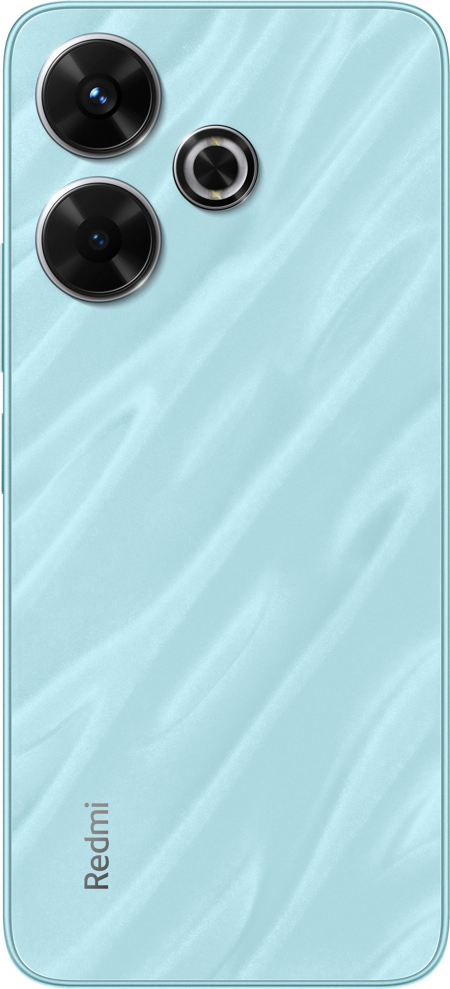 Rückseite eines hellblauen Smartphones mit drei Kameras und dem Redmi-Logo.