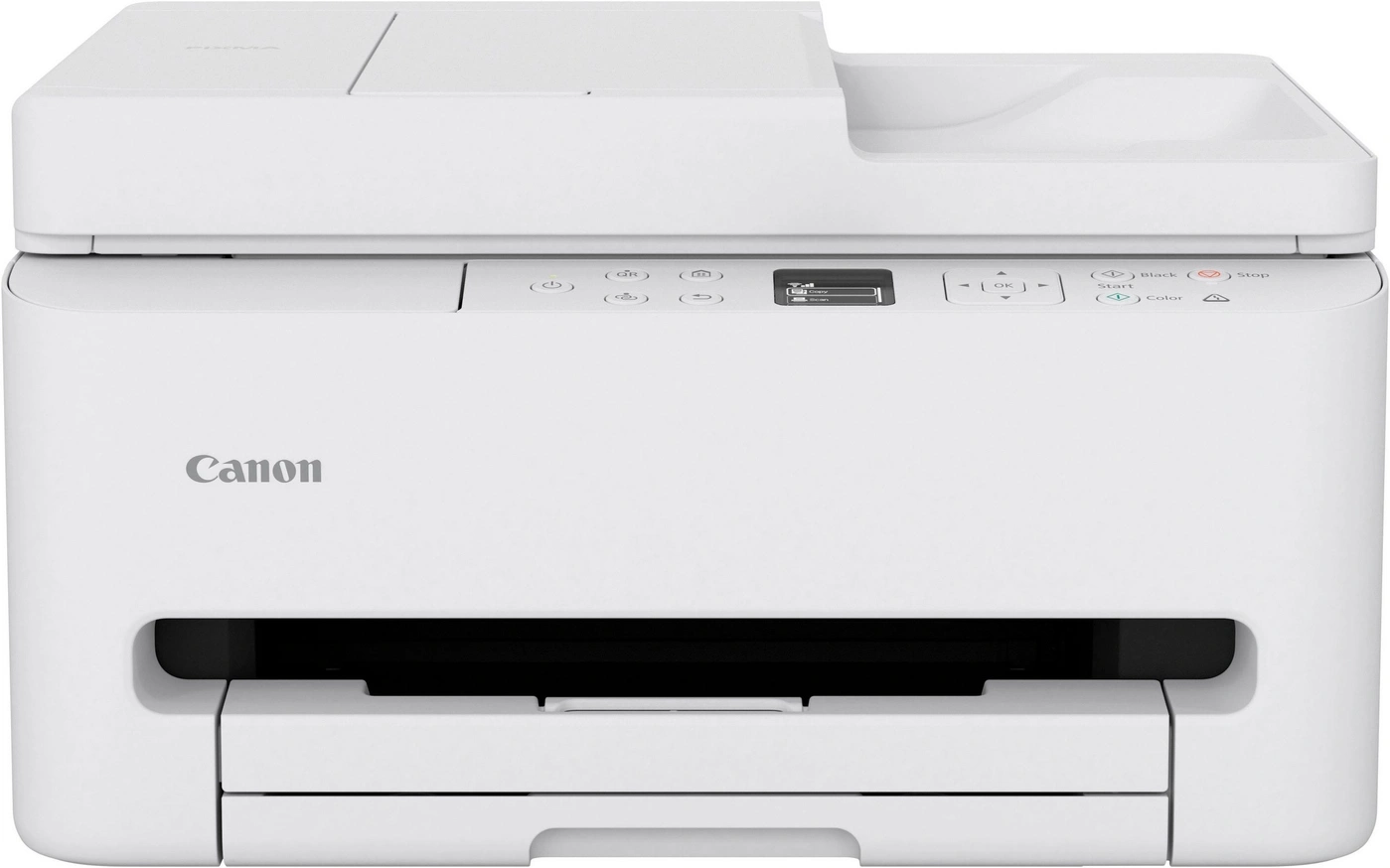 Ein weißer Canon Pixma Drucker mit Bedienfeld und Papierausgabefach.
