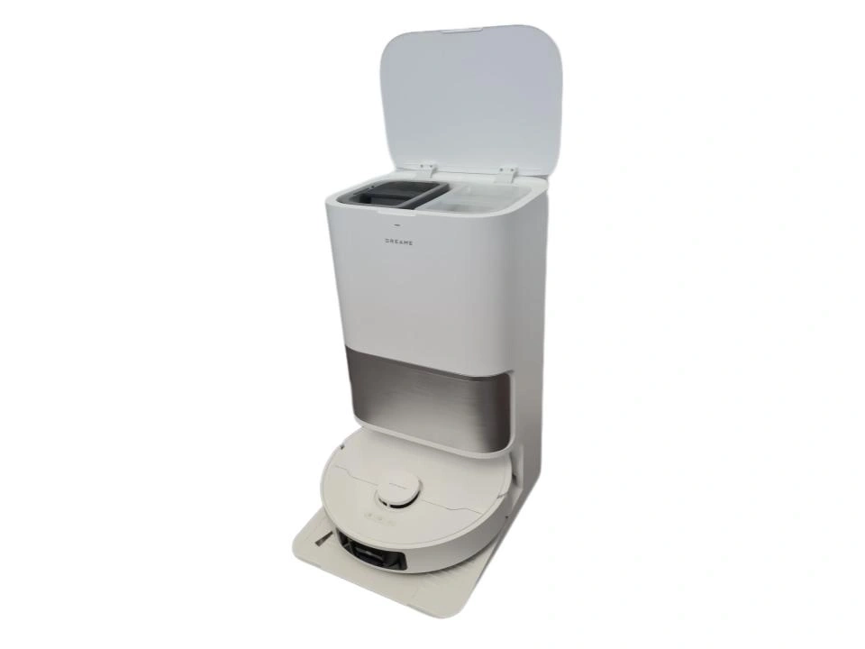 Ein weißer Roboterstaubsauger mit Ladestation