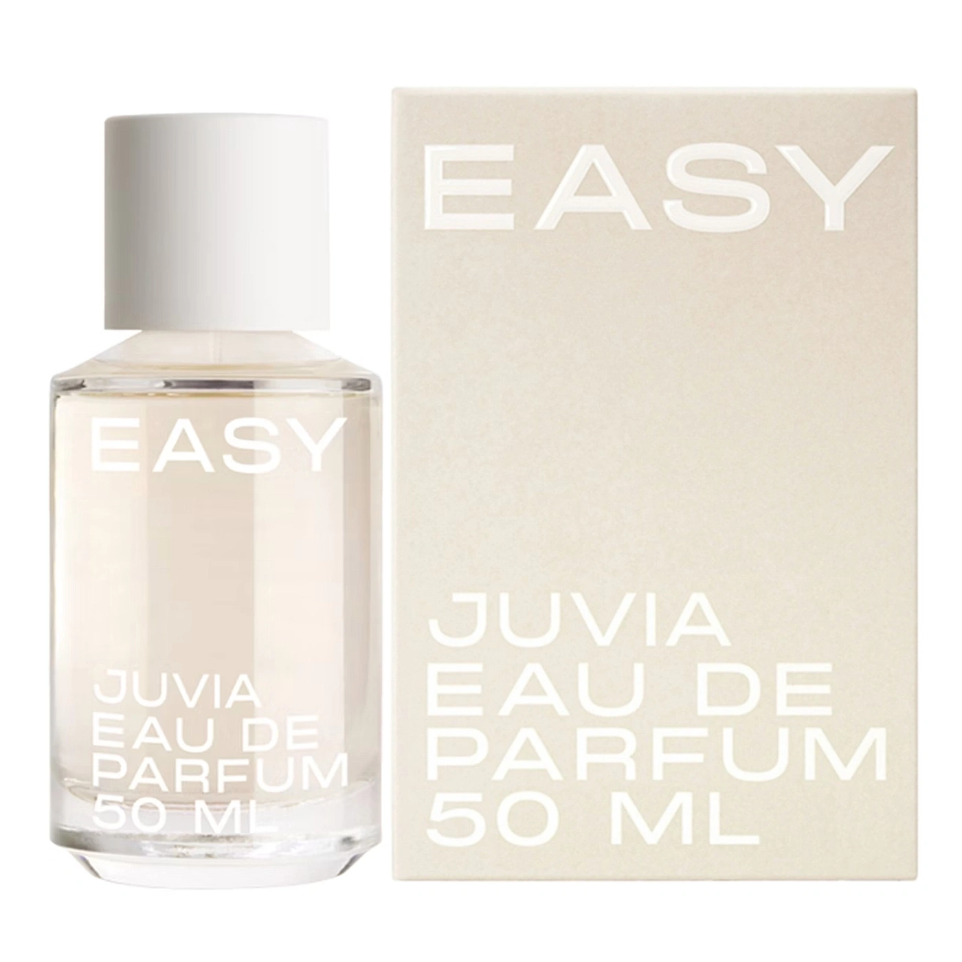 Eine Flasche und Schachtel des Parfums "Easy" von Juvia