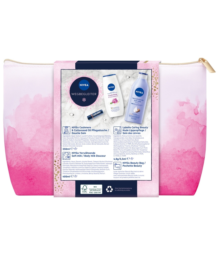 NIVEA Wegbegleiter Geschenkset Oil Pflegedusche Soft Milk Labello Kulturbeutel