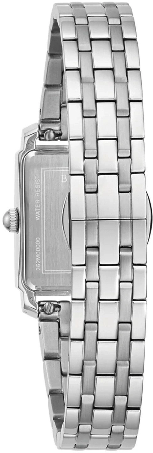Silberne Armbanduhr mit rechteckigem Zifferblatt und Gliederarmband, Nahaufnahme