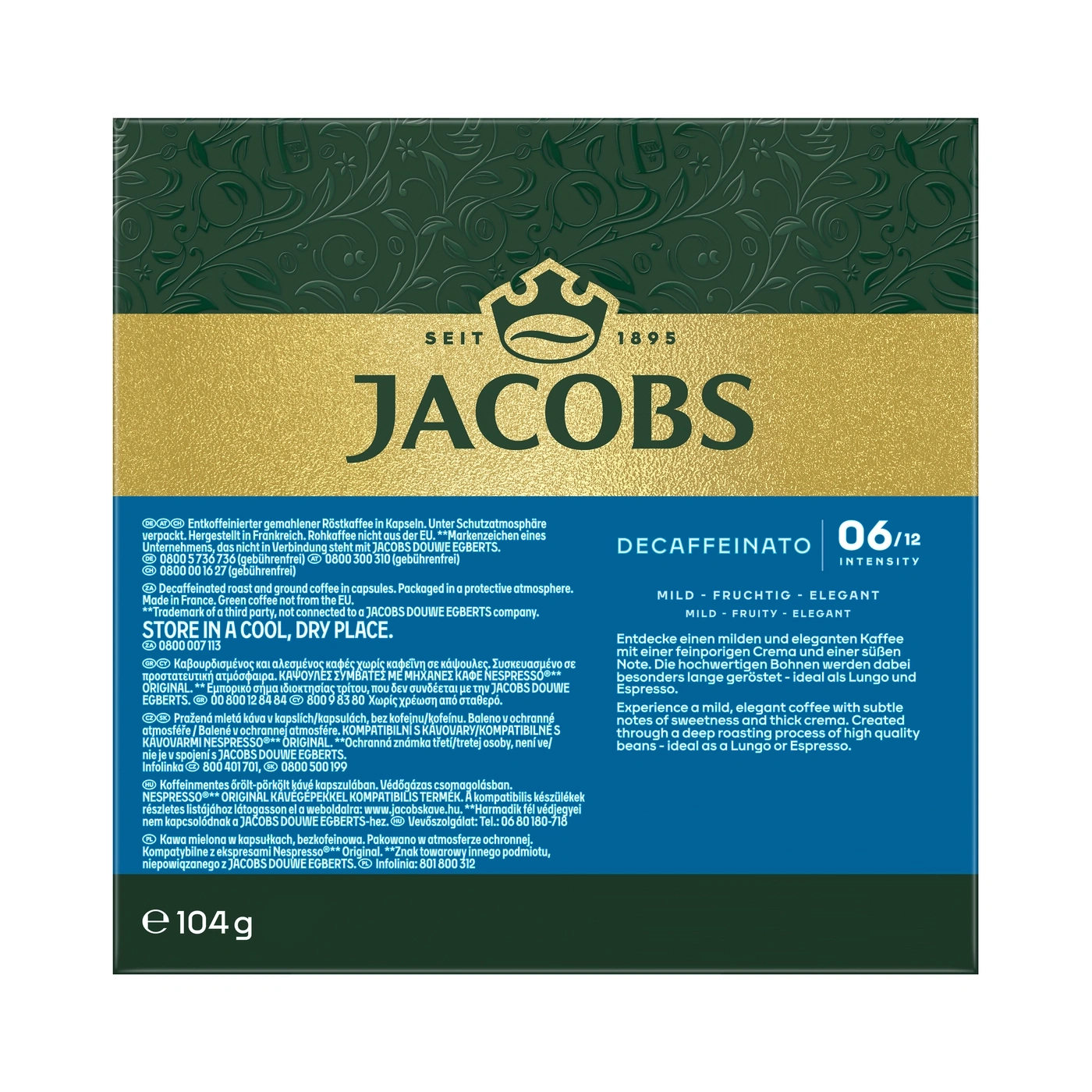 Jacobs Decaffeinato Kaffee Kapseln, 104g, mit floralem Muster und goldener Schrift.