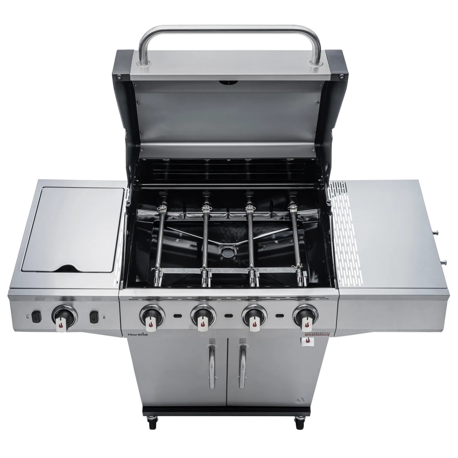 Edelstahl-Gasgrill mit vier Brennern, Deckel offen, Seitenablage, Knöpfe