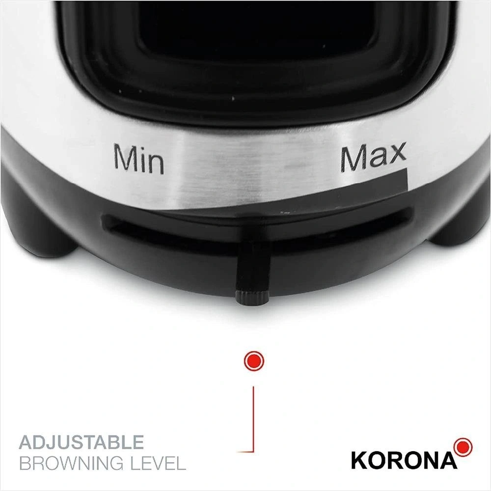 Toaster mit einstellbarem Bräunungsgrad, Min und Max, Korona-Logo, Nahaufnahme