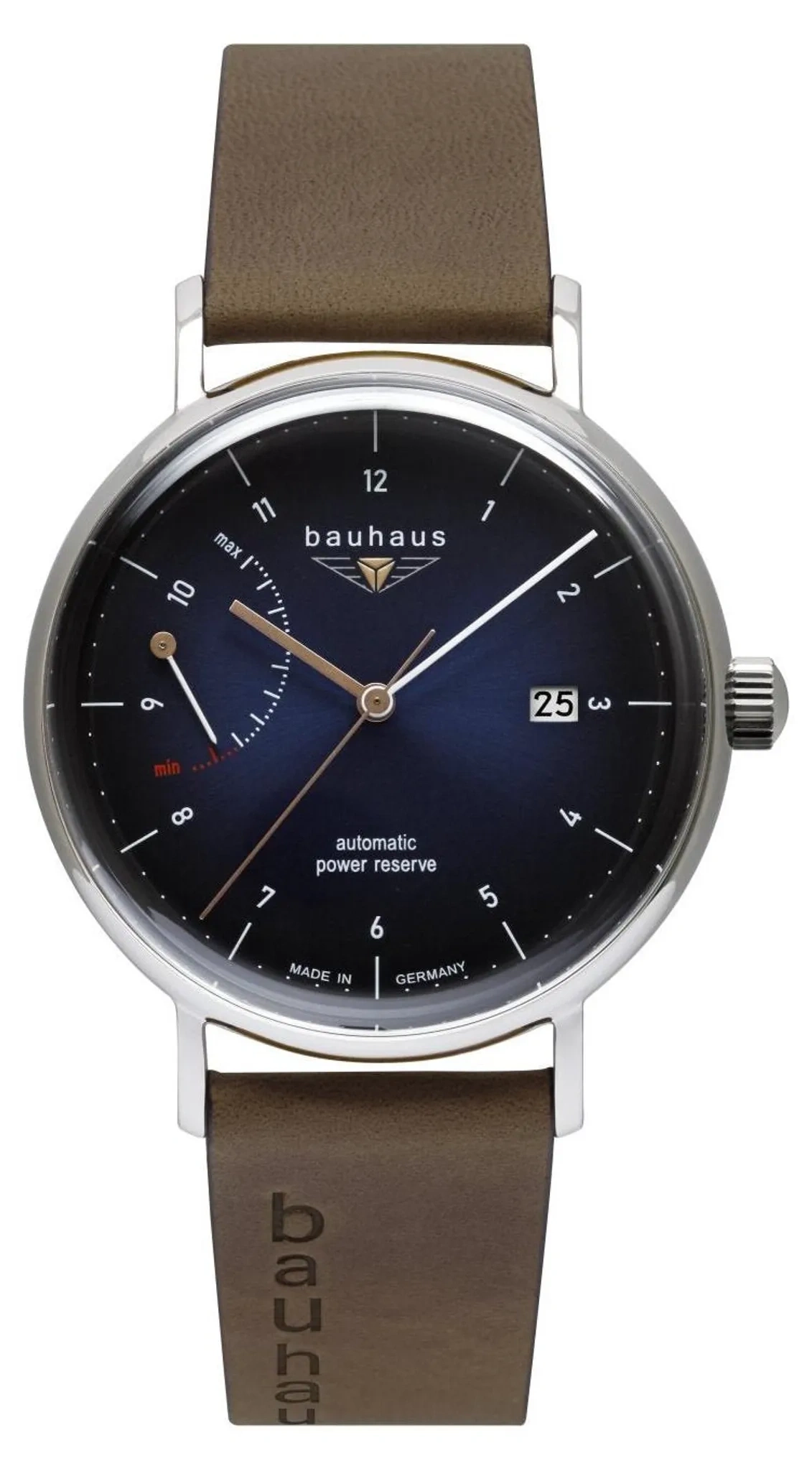Eine Bauhaus Automatikuhr mit braunem Lederarmband und blauem Zifferblatt. Das Zifferblatt zeigt Stunden, Minuten, Sekunden, Datum und die Gangreserve an.