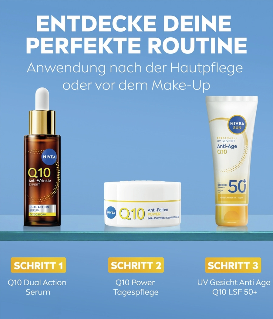 NIVEA Q10 Hautpflegeprodukte für eine perfekte Routine: Serum, Tagespflege und Sonnenschutz.