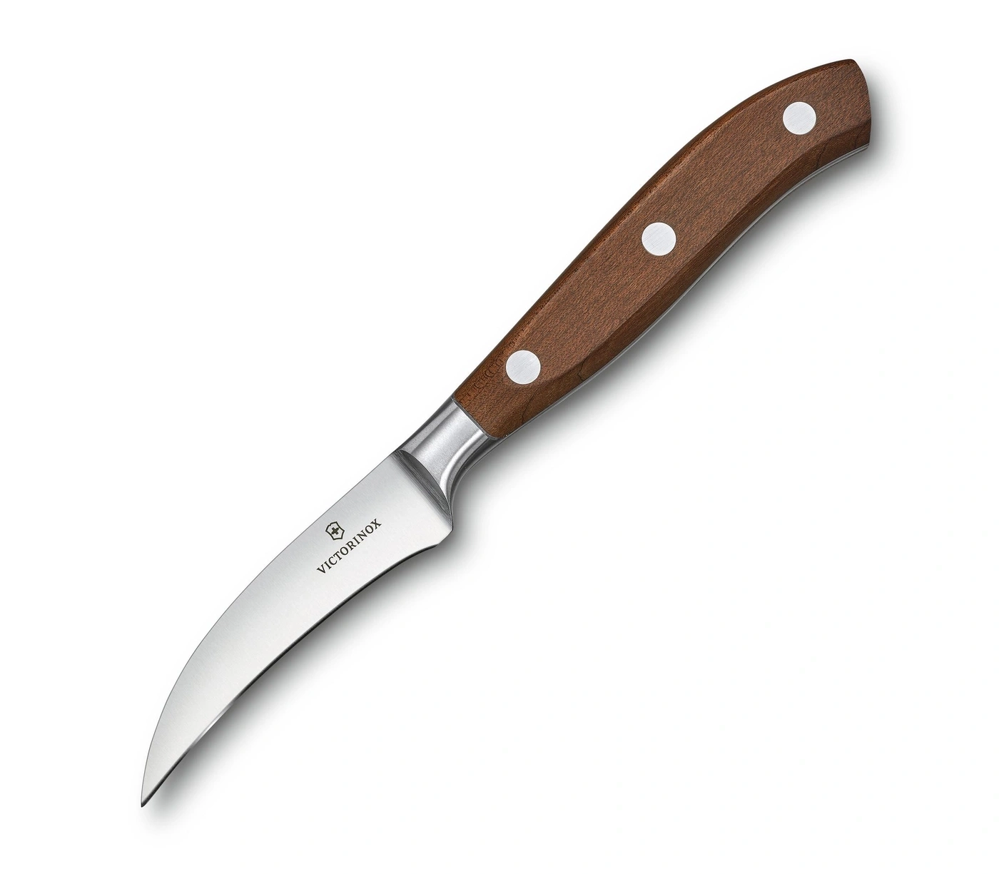 Ein gebogenes Victorinox-Messer mit braunem Holzgriff und Metallnieten.