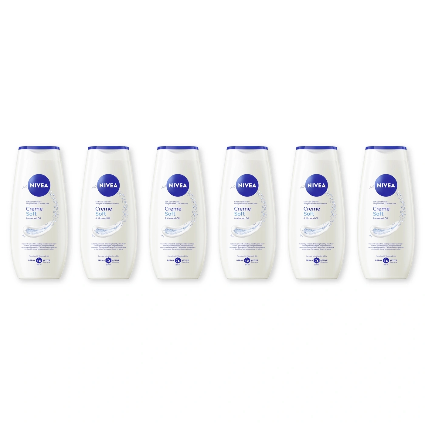 Sechs Nivea Creme Soft Duschgel Flaschen mit Mandelöl.
