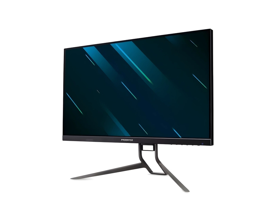 Ein schwarzer Predator Gaming-Monitor mit einem abstrakten blauen Hintergrund.