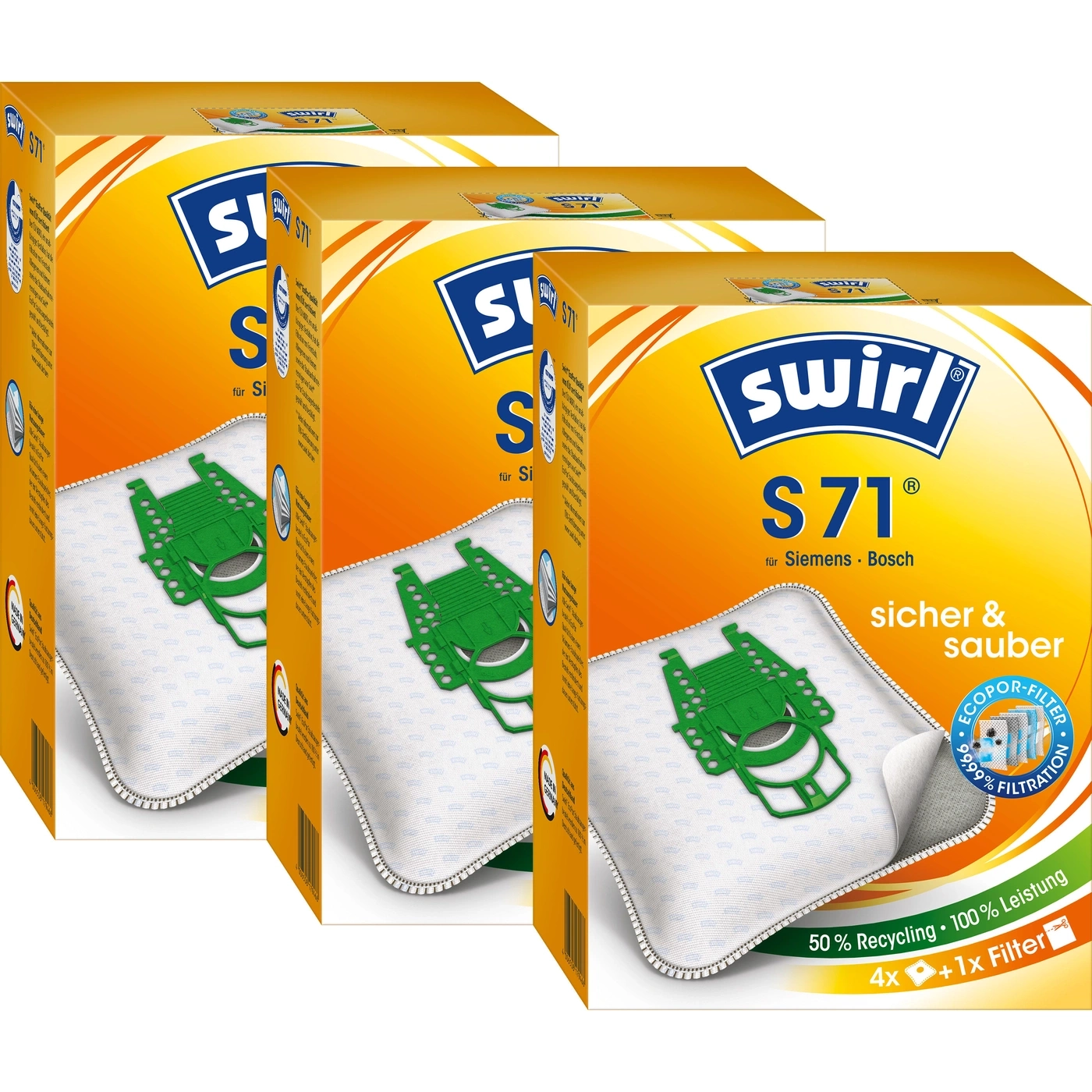Swirl S71 Staubsaugerbeutel, 3 Packungen, sicher und sauber, 50% Recycling, 100% Leistung