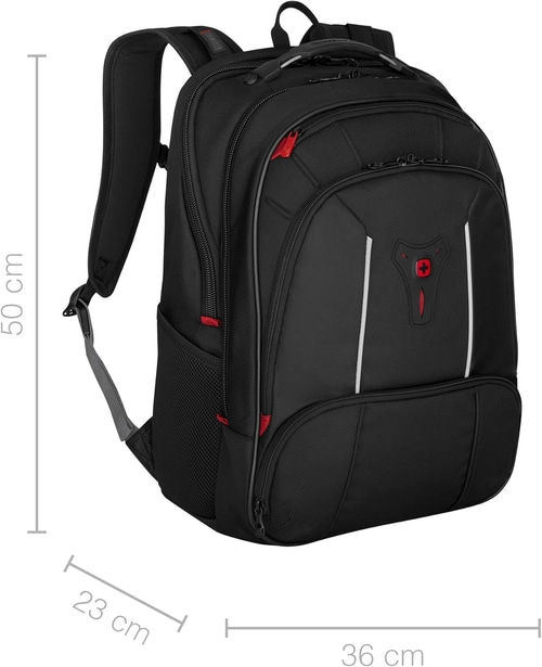 Schwarzer Rucksack mit roten Akzenten, 50 cm hoch, 23 cm breit, 36 cm lang.