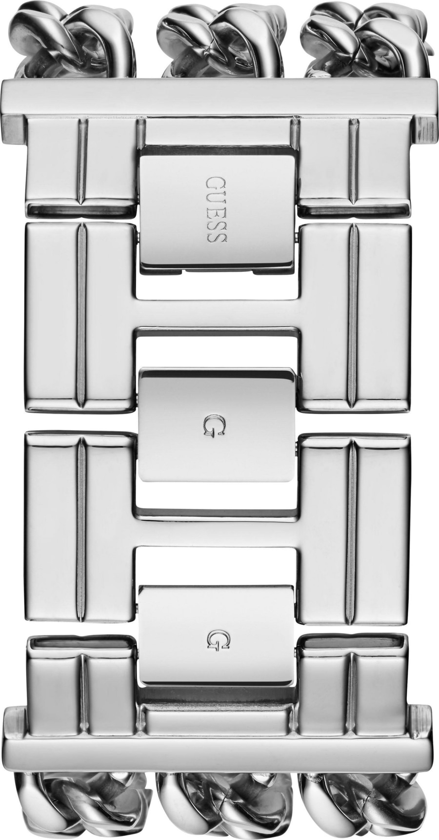 Nahaufnahme einer silbernen Guess-Armbanduhr mit G-Logo und Guess-Schriftzug