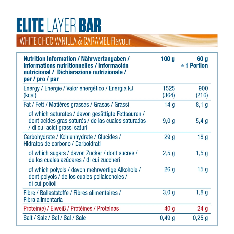 DYMATIZE Protein Riegel Elite Layer Bar White Choc Vanilla & Caramel 18 x 60 g