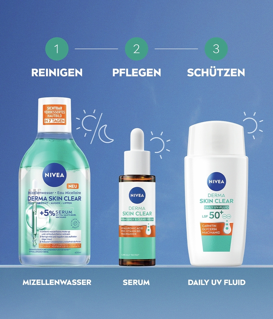 NIVEA DERMA SKIN CLEAR Routine Set Mizellenwasser + UV-Fluid + Rebalance Serum
