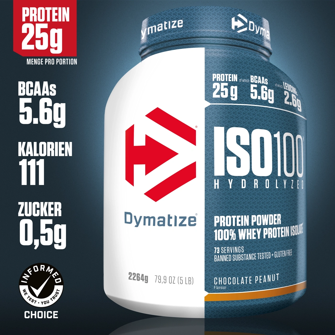 Dymatize ISO100 Protein Pulver, 25g Protein, 5.6g BCAAs, 111 Kalorien, 0,5g Zucker, Schoko-Erdnuss-Geschmack