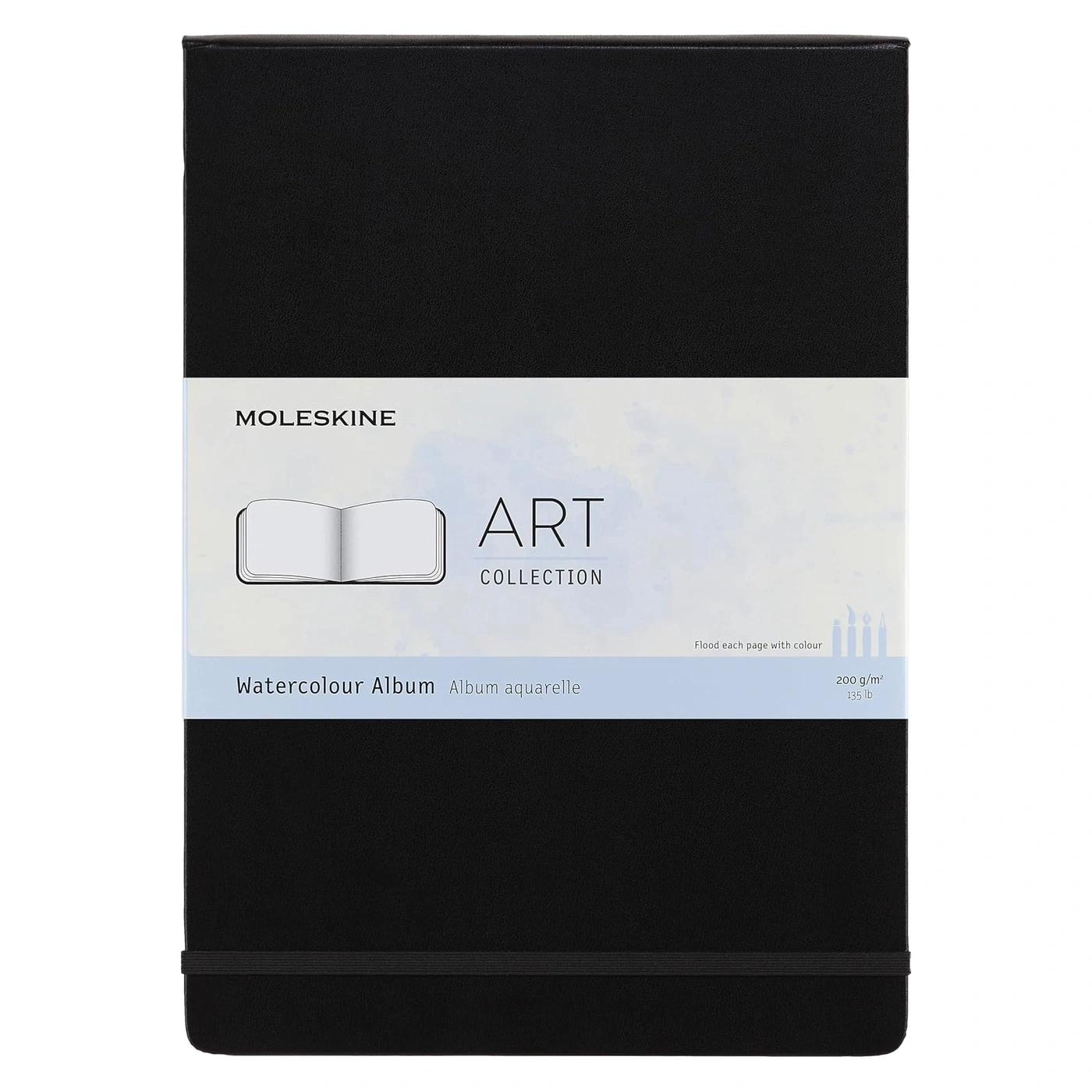 Ein schwarzes Moleskine Aquarell-Album im Hochformat mit einem weißen Band, das mit Kunstsammlung, Aquarell-Album und Informationen zum Papier bedruckt ist.