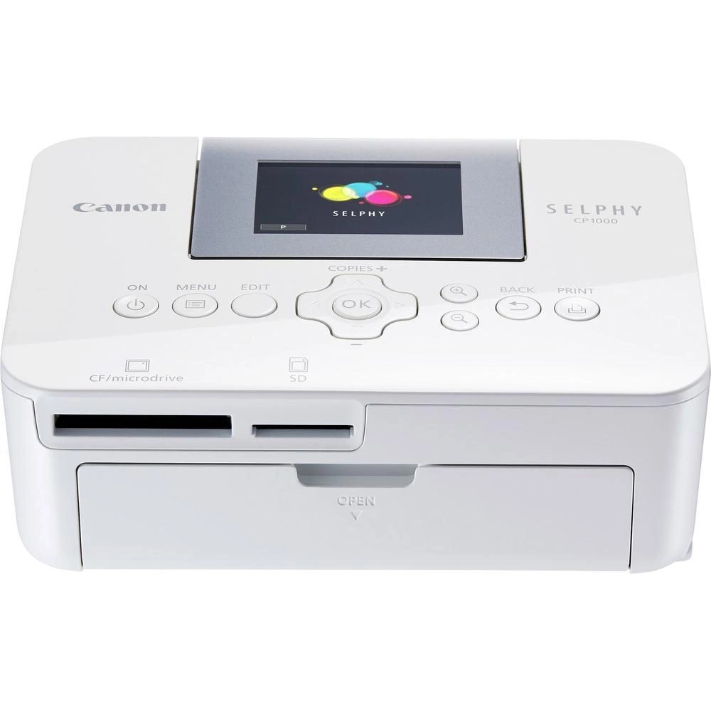 Weißer Canon SELPHY CP1000 Fotodrucker mit Display und Tasten