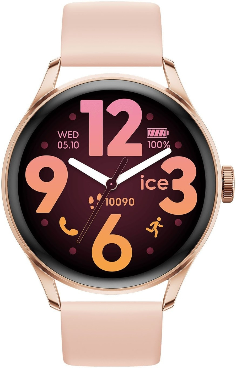 Eine roségoldene Smartwatch mit einem rosafarbenen Zifferblatt und rosafarbenem Armband.