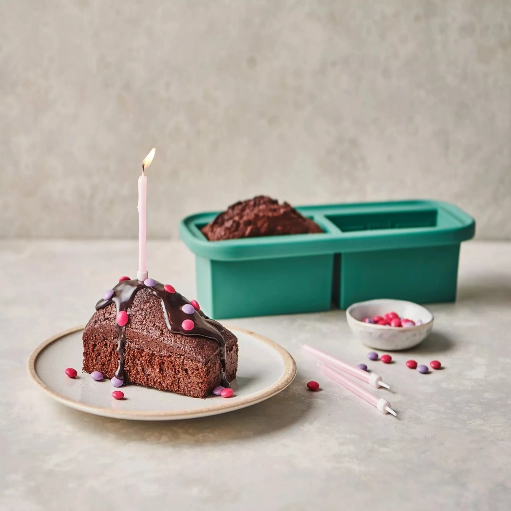 Schokoladenkuchenstück mit Kerze, Süßigkeiten und Backform.