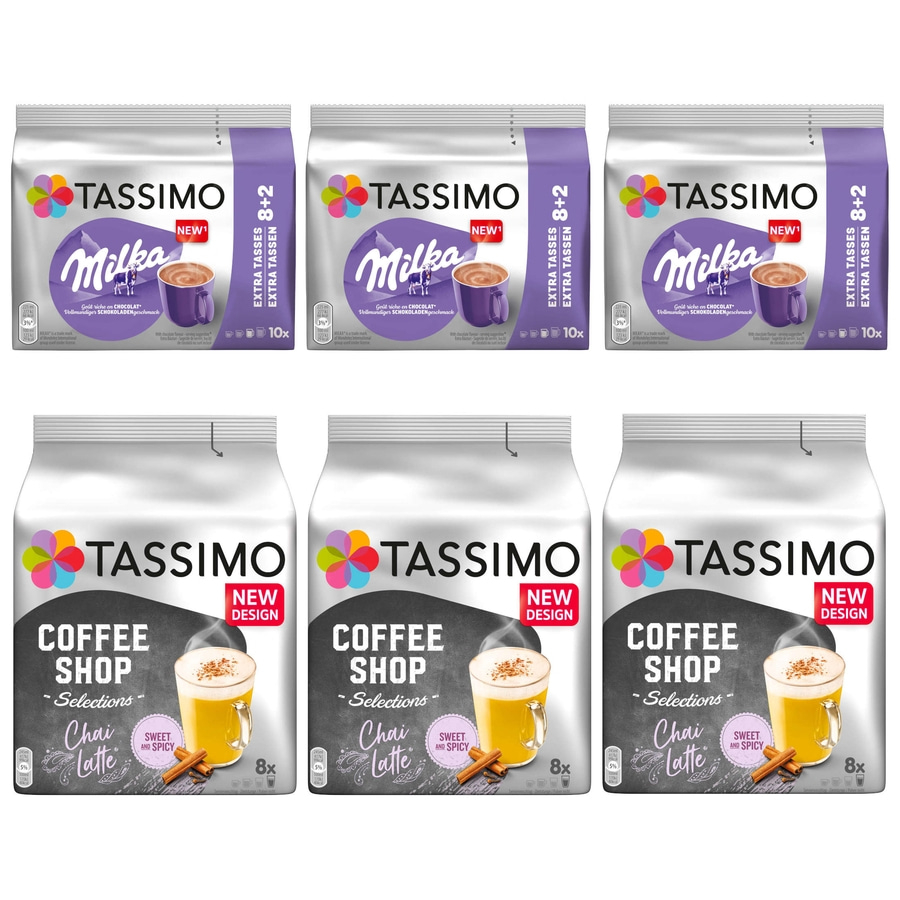 TASSIMO Kapseln Choco-Chai-Paket je 3 Packungen Milka & Chai Latte 54 Getränke