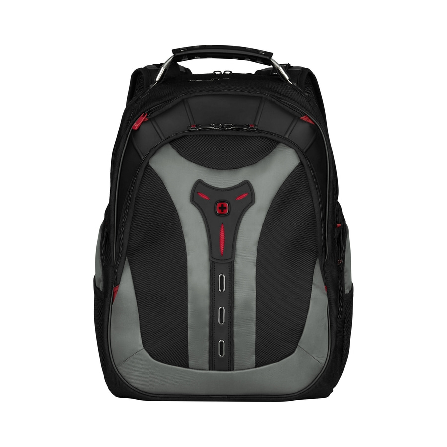 Schwarzer Rucksack mit grauen Akzenten und rotem Logo, ideal für den Alltag.