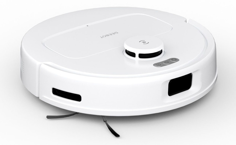 Weißer Roboter-Staubsauger, DEEBOT-Marke, rund, mit Bürste und Bedienelementen.
