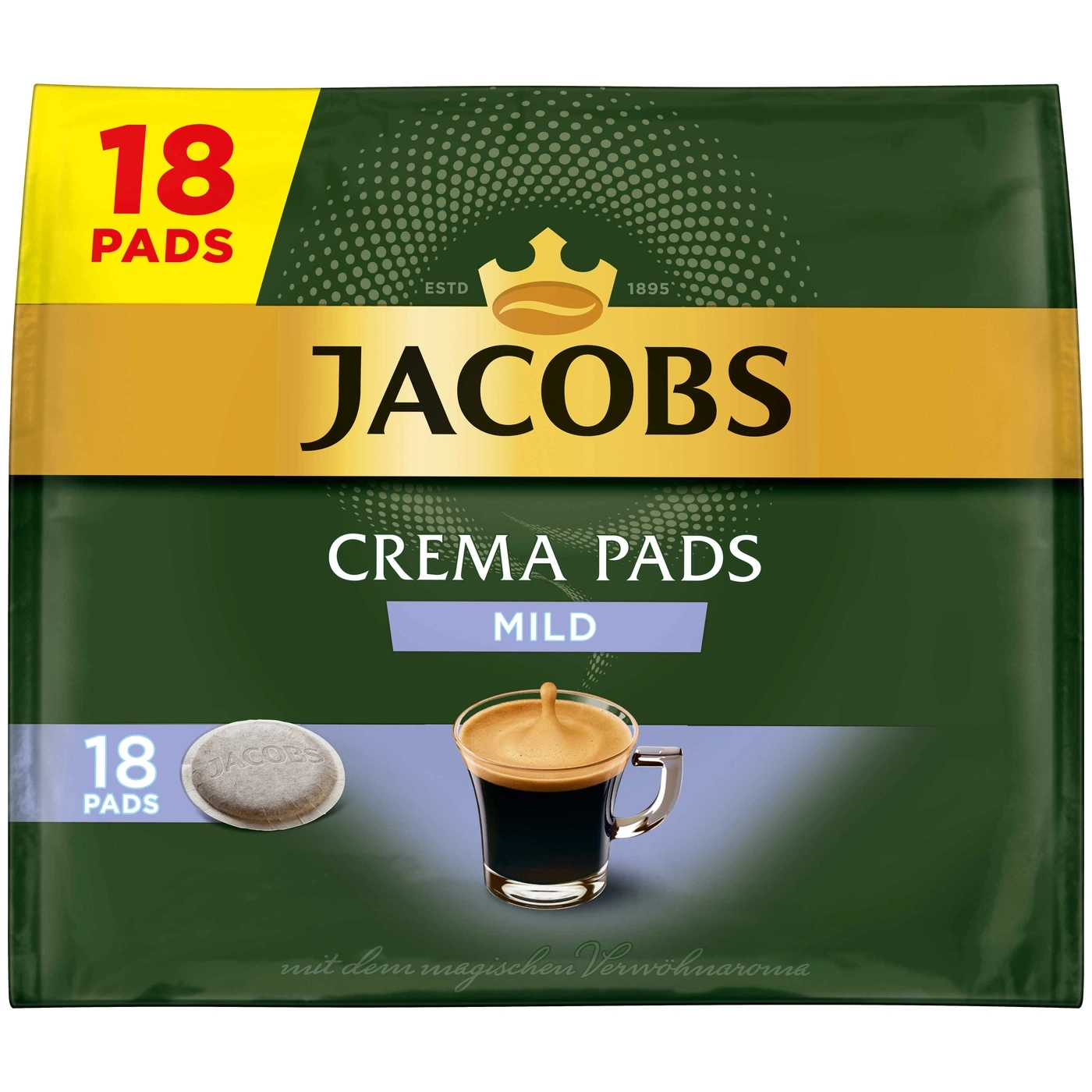 Jacobs Crema Pads, mild, 18 Pads, Kaffee, Getränk, Packung, Produkt, Werbung