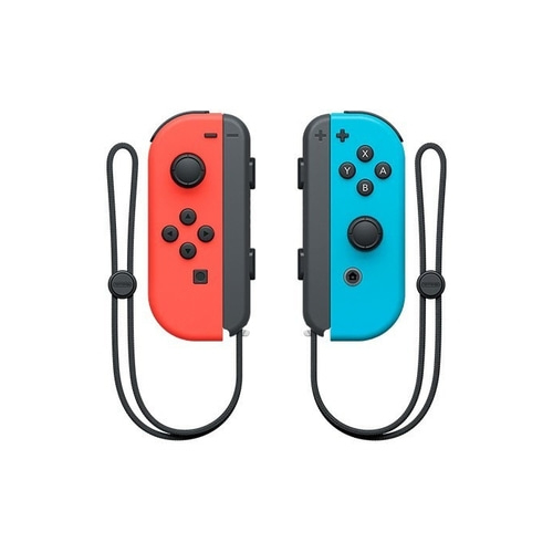 Zwei Joy-Con-Controller für Nintendo Switch in Rot und Blau mit Handgelenkschlaufen.