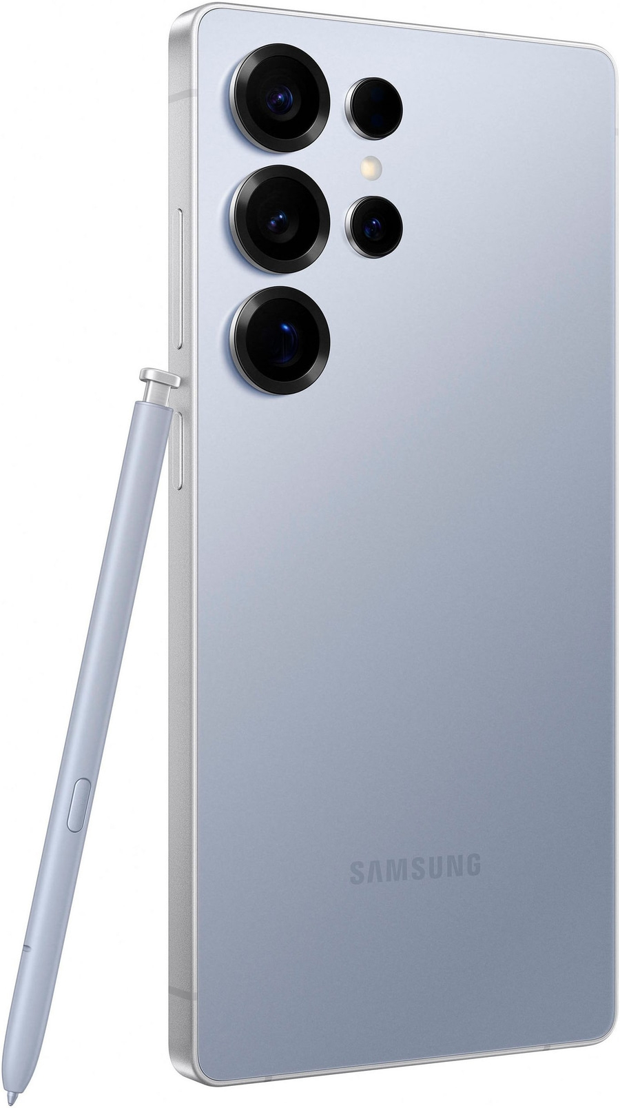 Blaues Samsung-Smartphone mit Stift und mehreren Kameras, Nahaufnahme