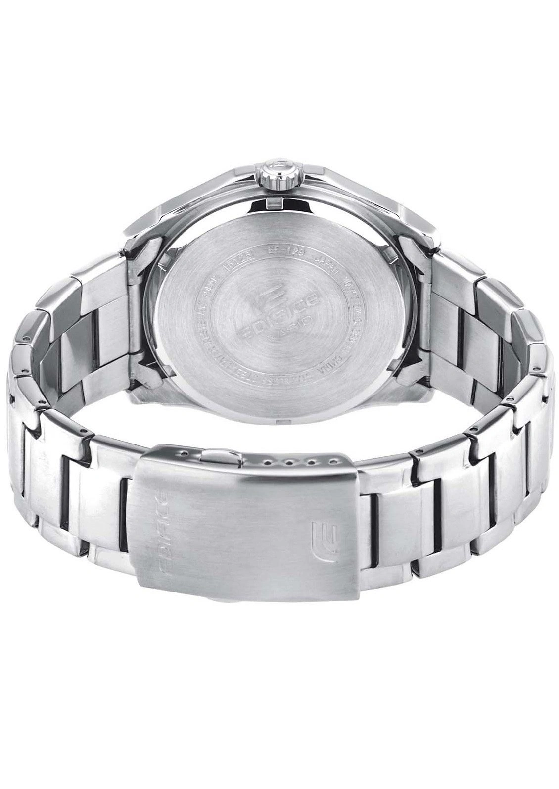 Rückseite einer Casio Edifice Uhr mit Metallarmband.