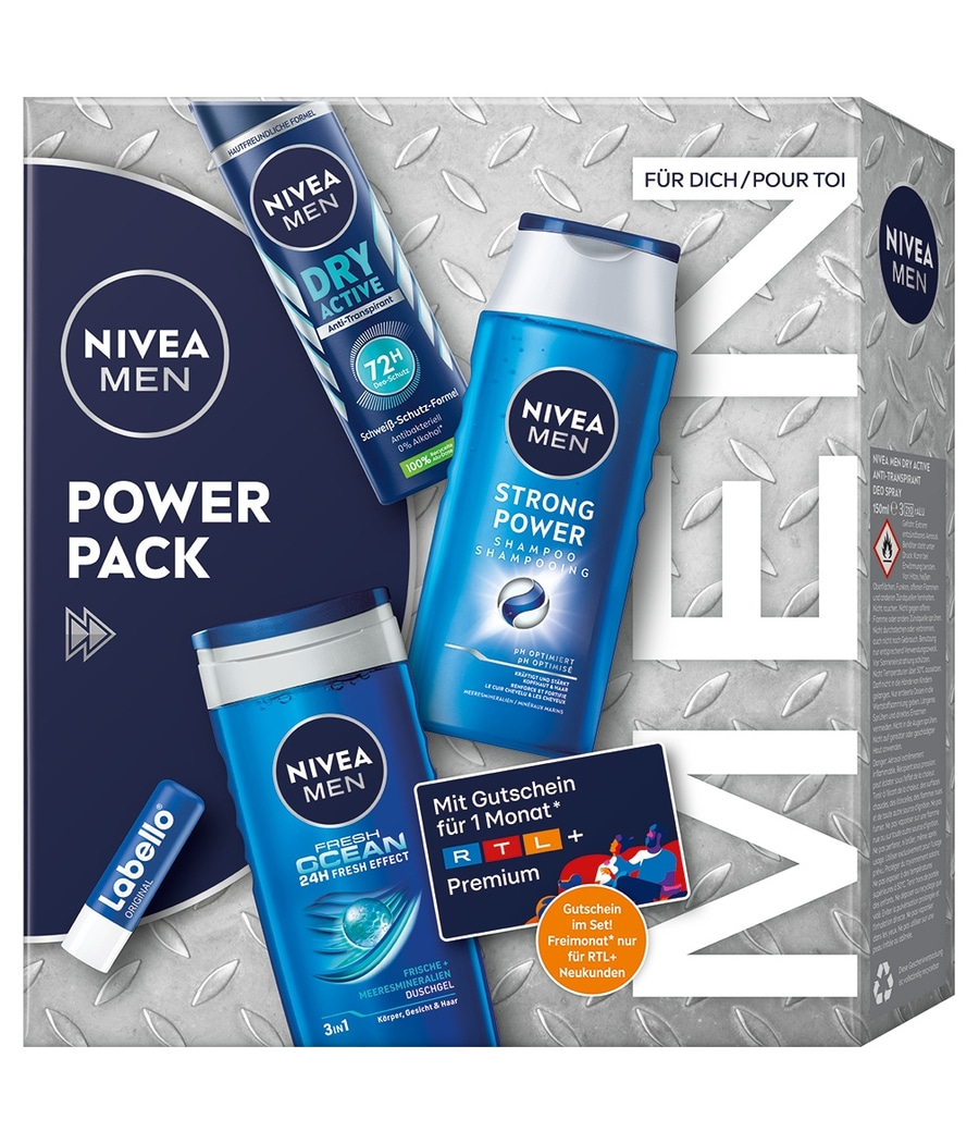NIVEA MEN Power Pack, 2 x Geschenkset, Pflegedusche Deo Spray Shampoo Labello