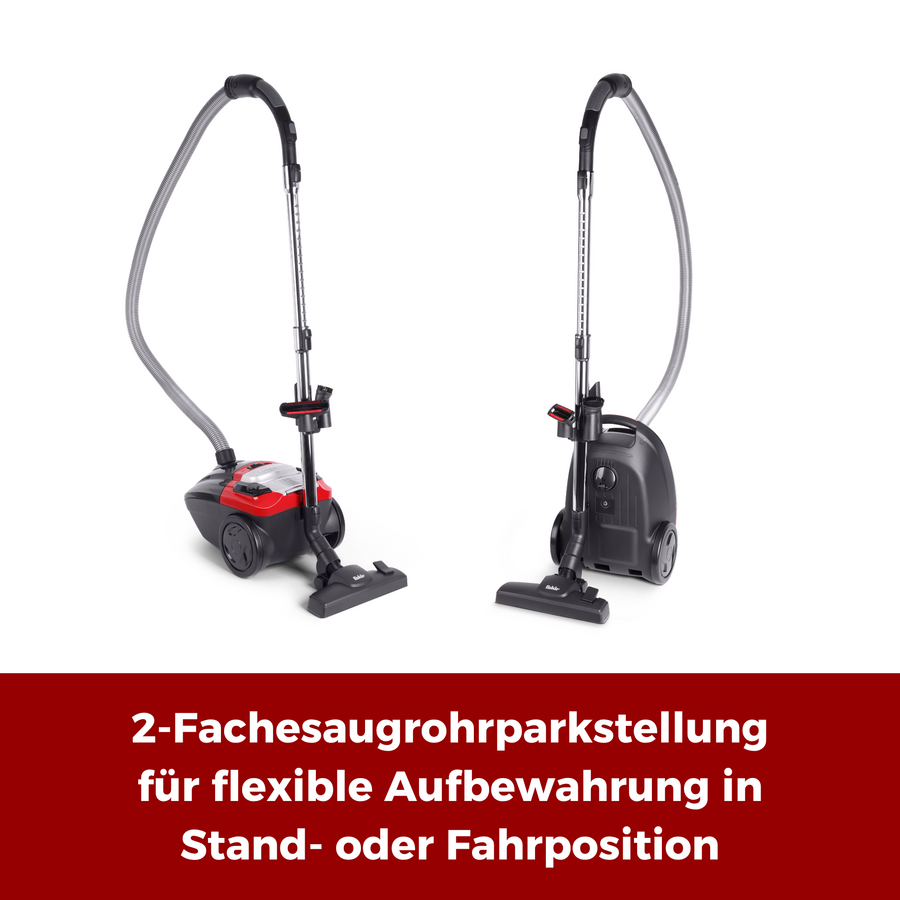 Zwei Staubsauger mit 2-facher Saugrohrparkstellung für flexible Aufbewahrung in Stand- oder Fahrposition.