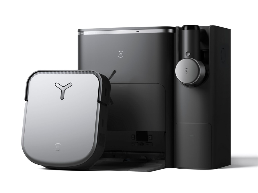 Roboterstaubsauger und Ladestation in Grau und Schwarz, modernes Design, saubere Böden