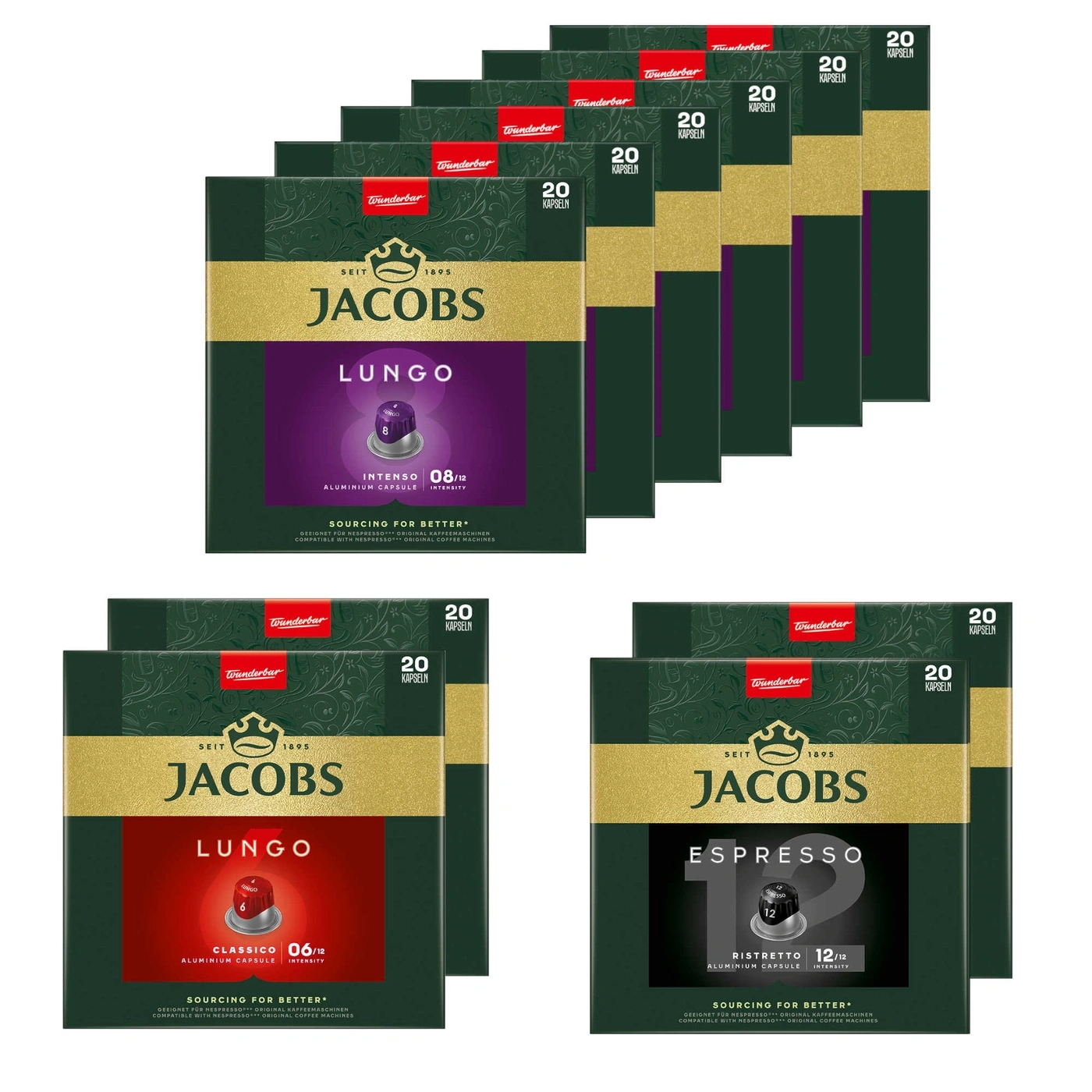 Jacobs Kaffeekapseln in verschiedenen Geschmacksrichtungen, Lungo, Espresso, 20 Kapseln pro Packung