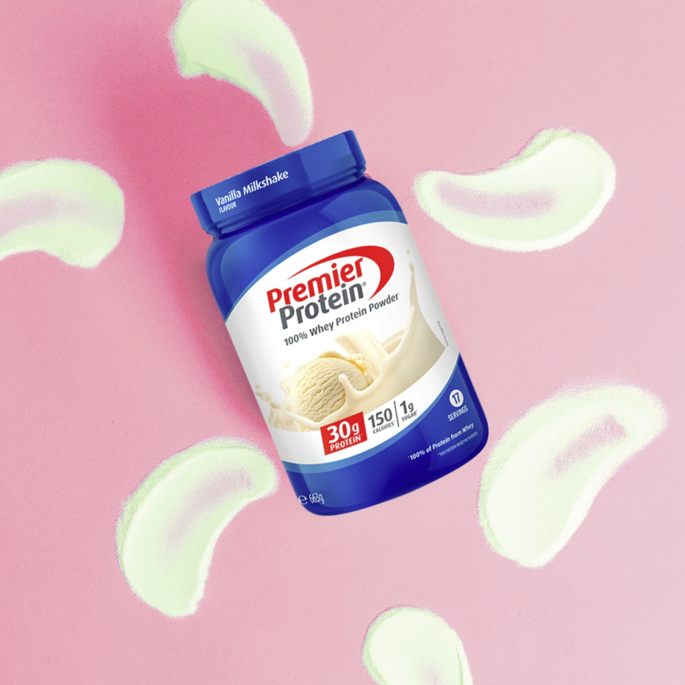 Premier Protein Vanille Milchshake Pulver auf pinkem Hintergrund