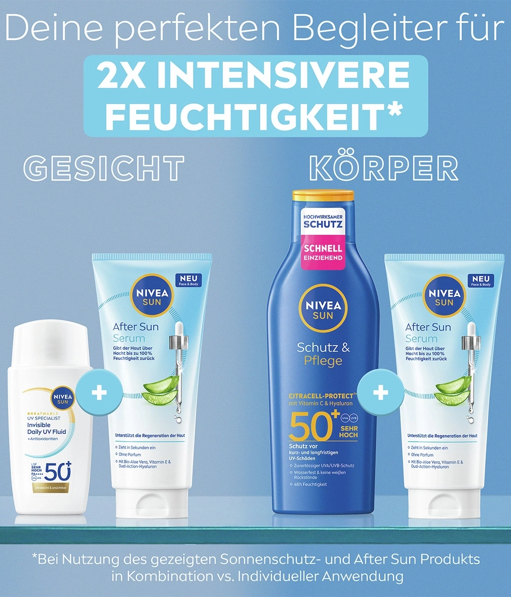 Nivea Sun Produkte für Gesicht und Körper mit intensive Feuchtigkeitspflege.