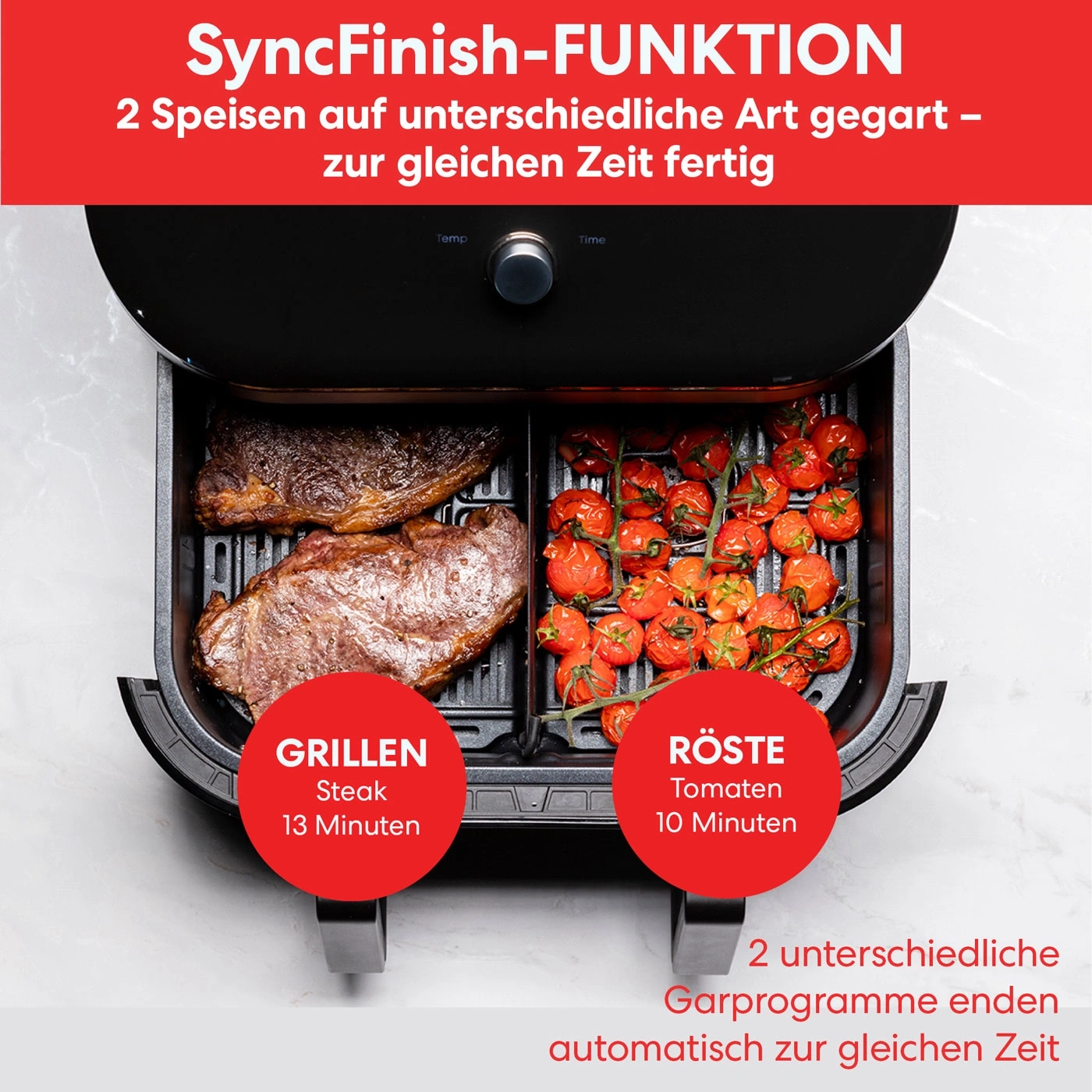 Airfryer mit zwei Fächern, Steak und Tomaten, Grillen und Rösten, SyncFinish-Funktion