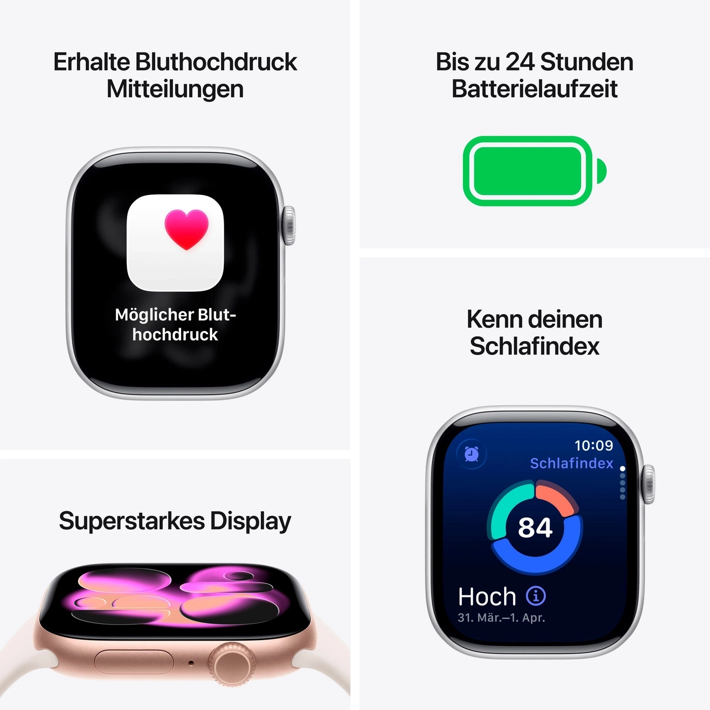 Apple Watch mit Funktionen für Blutdruck, Akkulaufzeit, Schlafindex und Display.