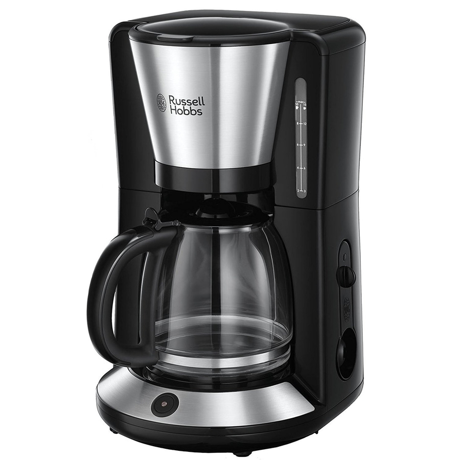 Kaffeemaschine von Russell Hobbs, schwarz und silber, mit Glaskanne und Bedienfeld